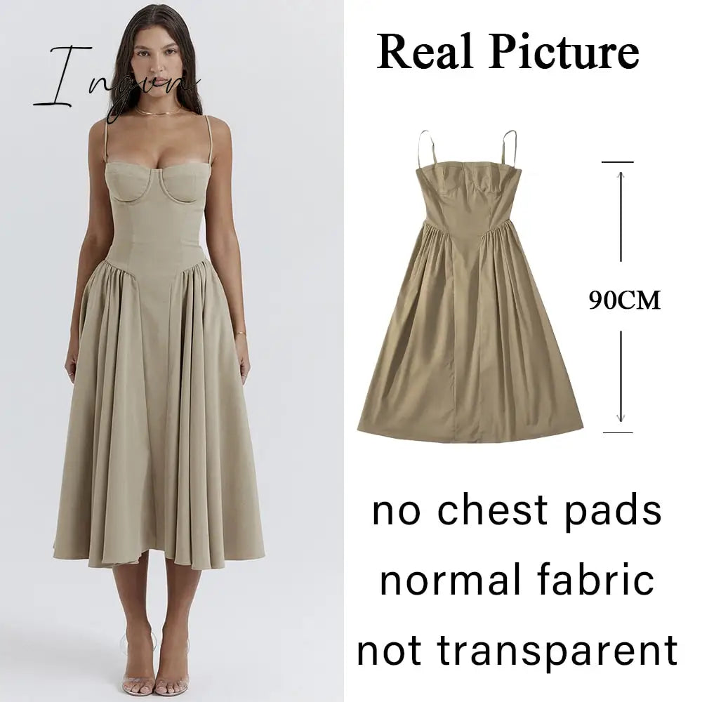 Ingvn - Summer Elegant Midi A Line Dress Lovely V Neck Spagehetti Strap Holiday Party Dress Casual Women New Arrivals 2023