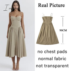 Ingvn - Summer Elegant Midi A Line Dress Lovely V Neck Spagehetti Strap Holiday Party Dress Casual Women New Arrivals 2023