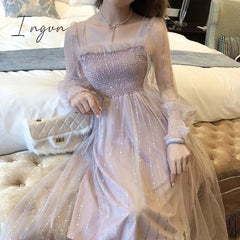 Ingvn - Long Fairy Dress Elegant Sequins Women Long Sleeve Maxi Dresses Summer One-piece Designer Korean Lady Wedding Party Clothing New
