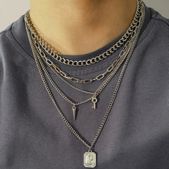 INGVN  Punk Multilayer Chains Chunky Necklace Set Goth Spike Rivet Portrait Key Pendant Necklace Women Men Statement Jewelry