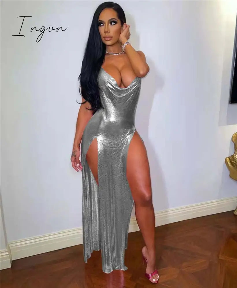 Ingvn - Sexy Glitter Metallic Off Shoulder Evening Dresses Women Night Party Festival Outfits Backless Side Split Long Dress Clubwear