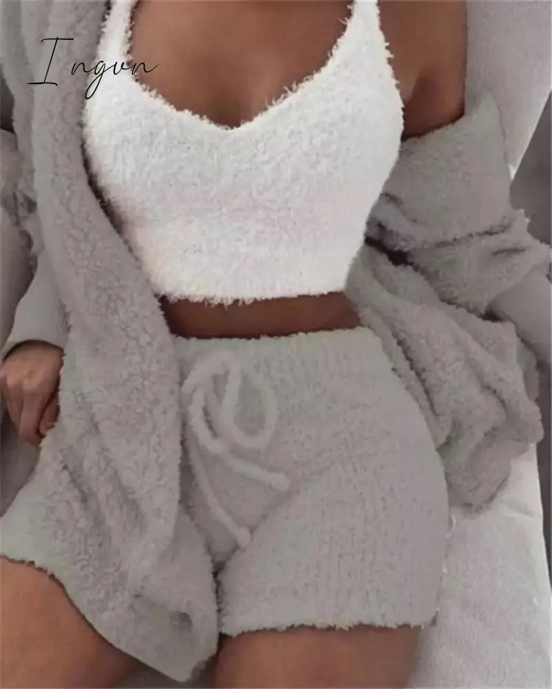 Ingvn - Brand quality Autumn Winter 3 Piece Fluffy Outfits Plush Sexy Backless Fleece Pyjamas Women Casual Sports Sweatshirt Home Wear Sets Tracksuit
