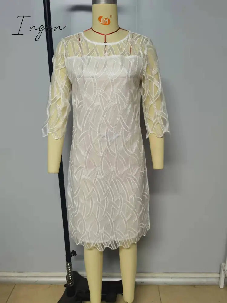 Ingvn - Fashion Trends Embroidered Dress Half Sleeve Casual Dress Sexy See-through Patchwork Lace Party Dress Women Fashion O Neck Loose Pullover Dress