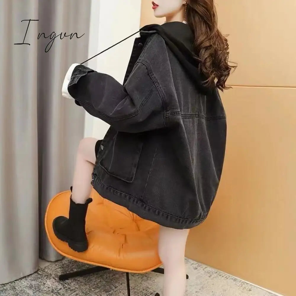 Ingvn - Streetwear Black Denim Jackets Women Korean Fashion Patchwork Hooded Spring Jacket Casual Chaquetas Veste En Jeans Pour Femme