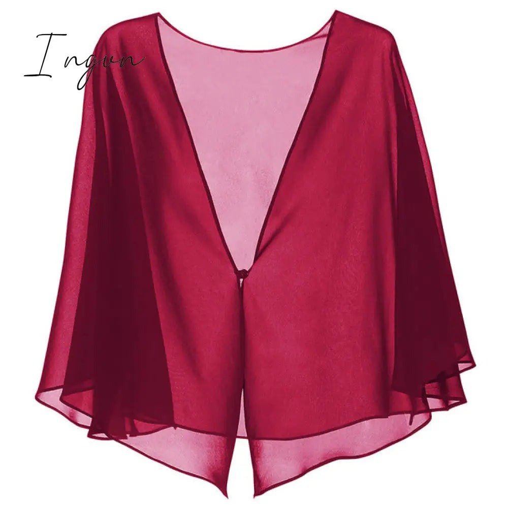 Ingvn - Womens Fashion Women Black Chiffon Bolero Prom Party V-neck with Button Shrug Elegant Simple Soft Casual Cape for Lady Evening Dress Red White