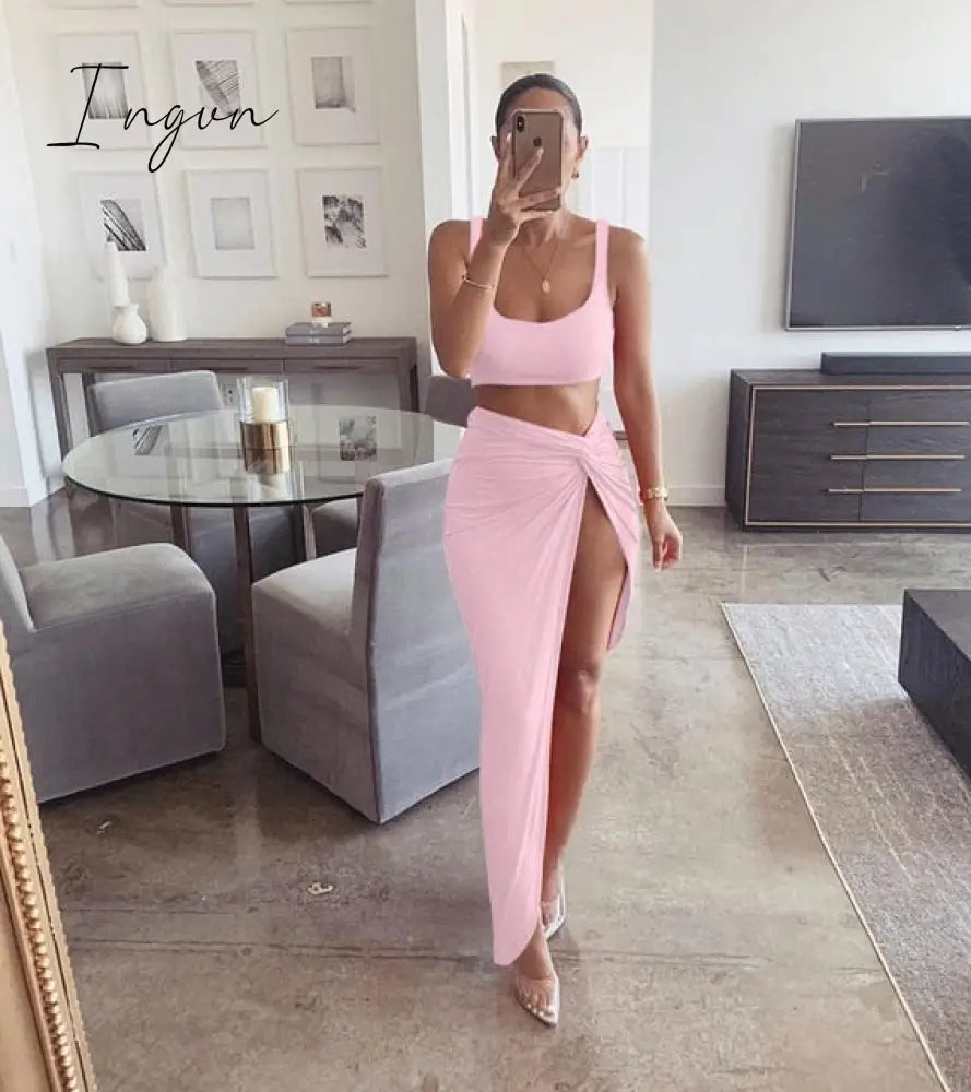 Ingvn - Sexy Party 2 Piece Set Women Plus Size Crop Top Twist Side Split Long Skirts Matching Sets Club Two Piece Outfits