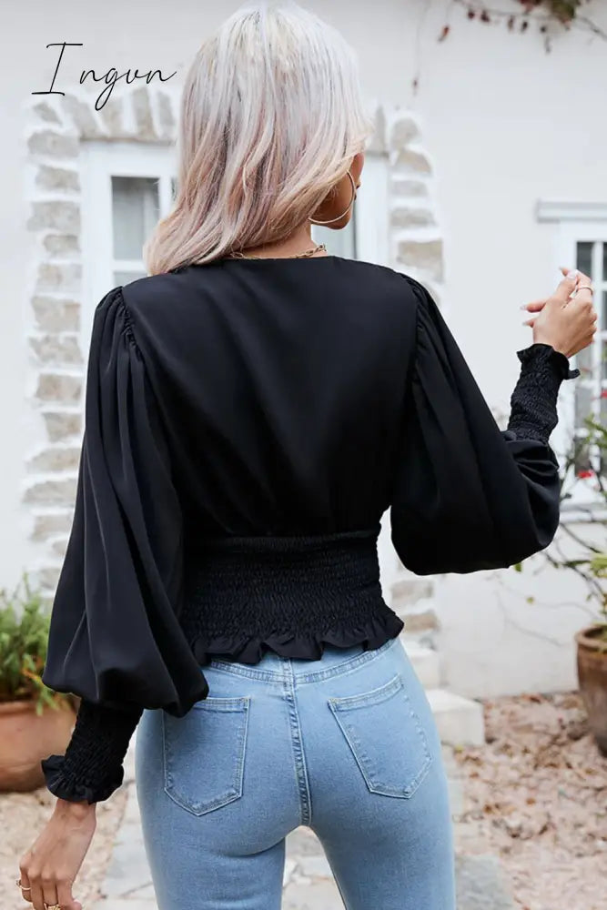 Ingvn - Neck Frill Trim Lantern Sleeve Smocked Waist Blouse