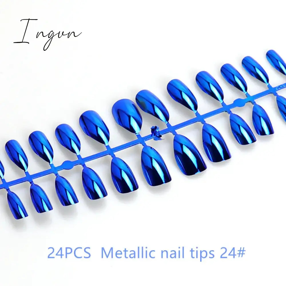 Nails STILETTO Fake Nail Tips 12pcs/Box Metallic False Nail Art Manicure Press on Nails Mirror Look
