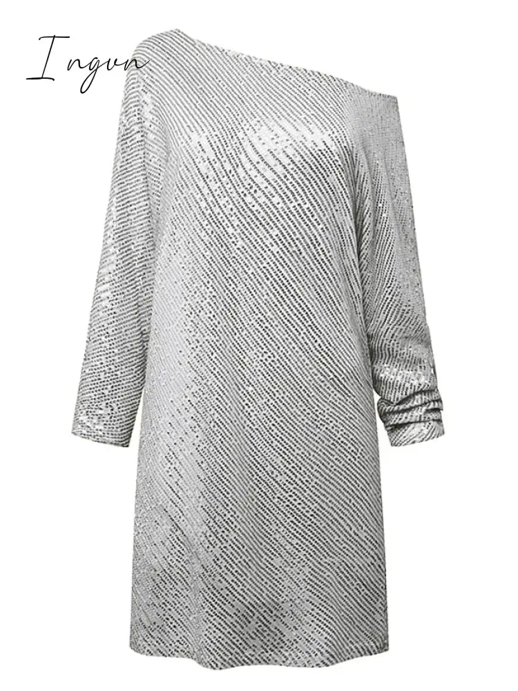 Ingvn - Women‘s Party Dress Sequin Dress Holiday Dress Shift Dress Short Mini Dress White Black Gold Long Sleeve Pure Color Sequins Fall Spring One Shoulder Stylish Hot Party Loose 2023 S M L XL