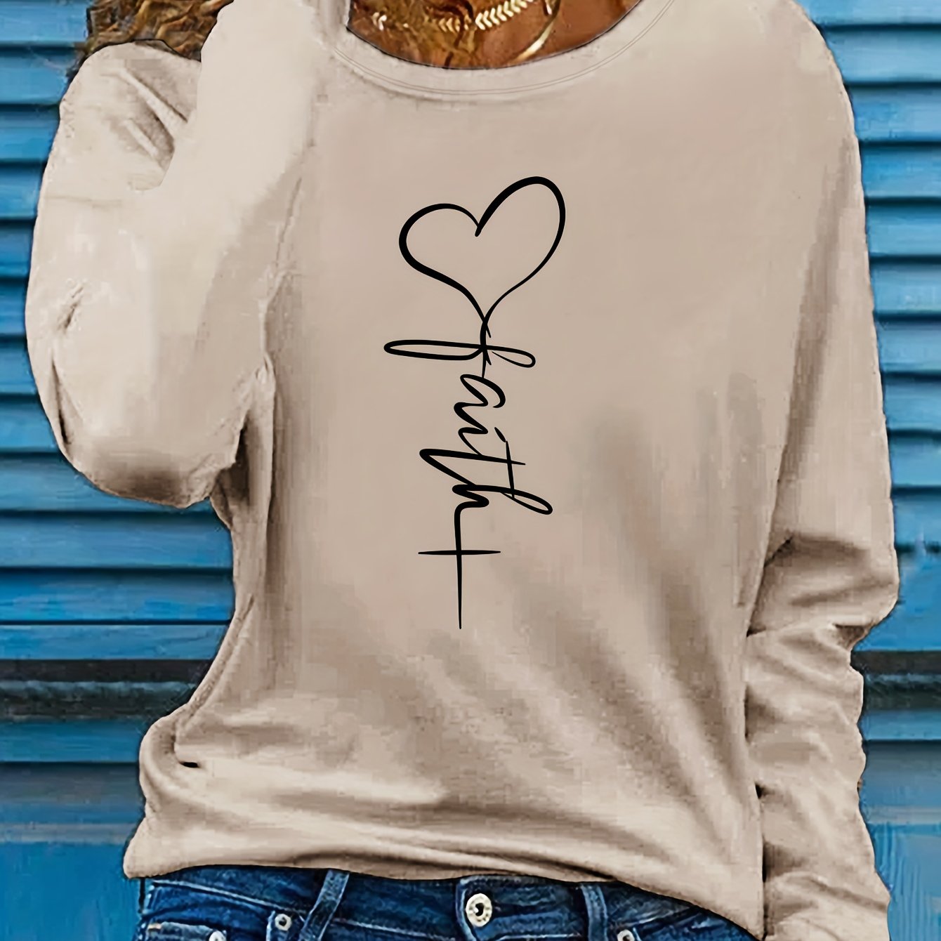 Faithful Favourite Crew Neck T-shirt - Women's Long Sleeve Casual Top for Spring & Fall - Soft, Comfortable, Relaxed Fit, Versatile Wardrobe Essential for Everyday Wear