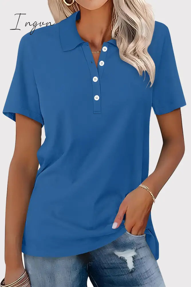 Ingvn - Casual Simplicity Solid Buckle Turndown Collar T-Shirts