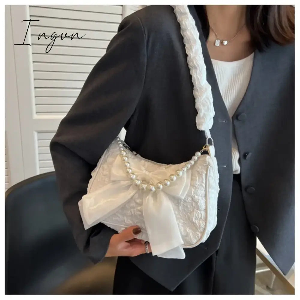 Ingvn - Pearl Female Bag Retro Luxury Designer Handbag Bow Crossbody Bags Fashion Canvas Women's 2024 Trend Shoulder bag Purses