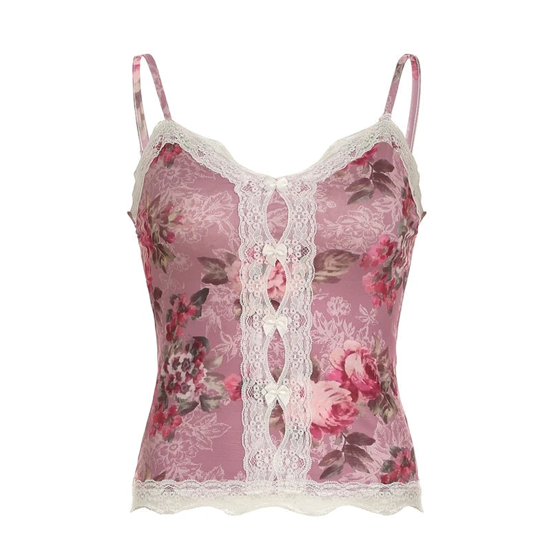 y2k Floral Cropped Top Vintage Lace Stitching Sleeveless Skinny Strap Tops Women Retro Camisole Streetwear Tees Aesthetic