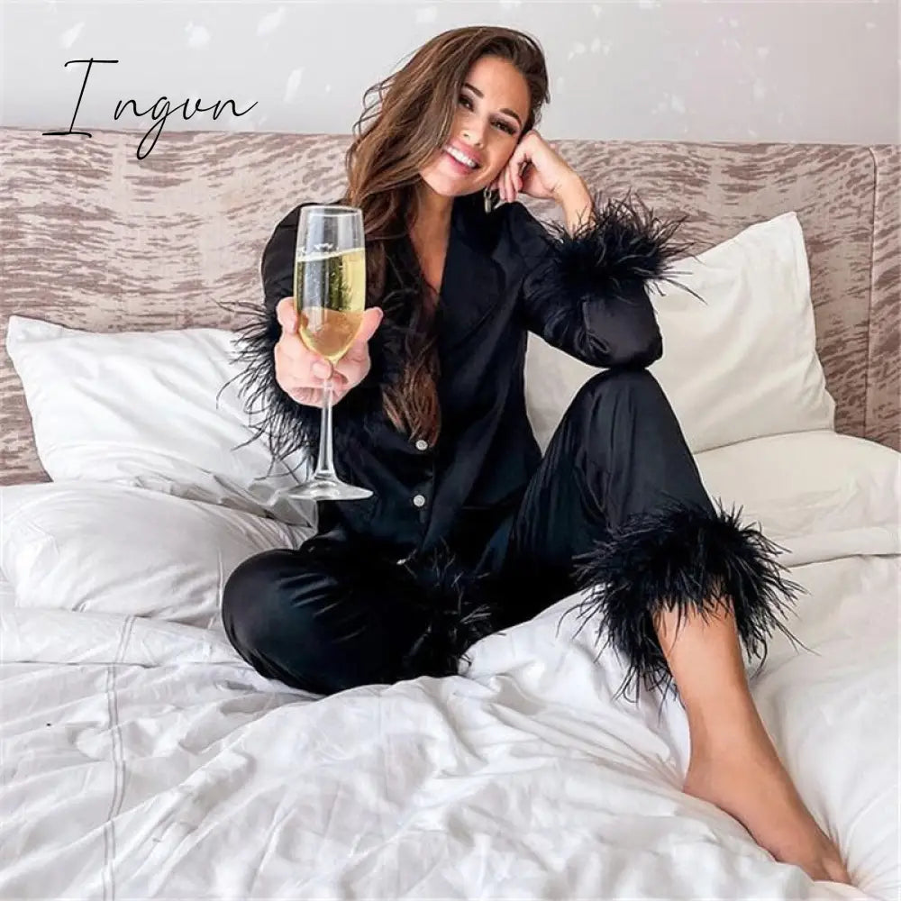 Ingvn - Trendy Women Pajamas Set Autumn Casual Lapel Tops + Feather Pants Suits Sexy Lingerie Nightwear Silk Satin Pyjamas pjs Suit 2Pcs
