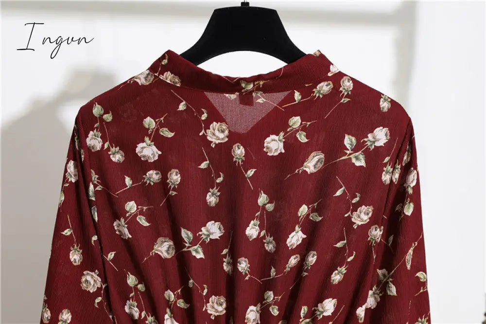 Ingvn - 11 Style Beautiful Fashion Summer Women Long Sleeve Dress Retro Collar Casual High Waist Dresses Floral Print Chiffon Clothing