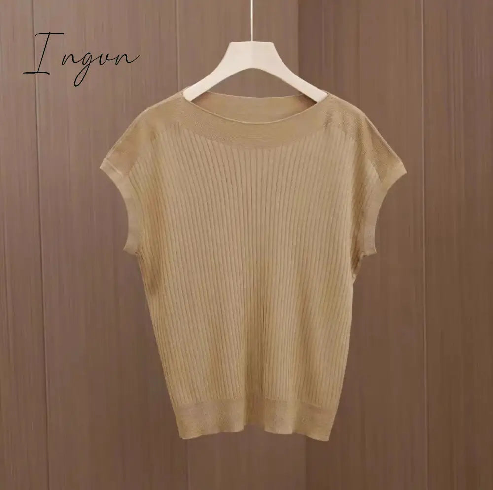Ingvn - Bat-Sleeved Short-Sleeved T-Shirt Women's Summer New Black Ice Silk Knitted Sweater Loose One-Word Collar Top Thin