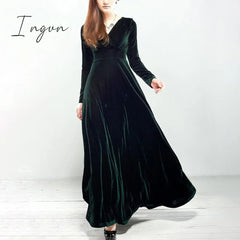 Ingvn - Gold Velvet Maxi Dress V-neck Maxi Dress