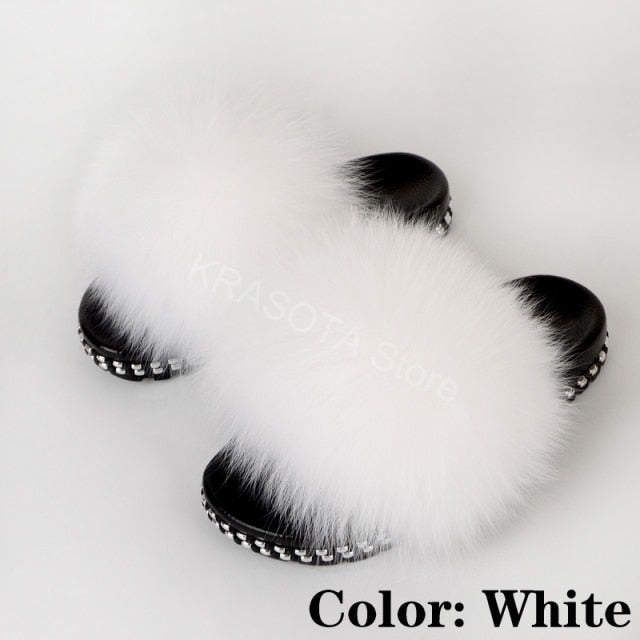 Fur Slippers Women House Fluffy Slippers Home Female Furry Slides Indoor Summer Real Fur Flip Flops Ladies Luxury Sandals Shoes