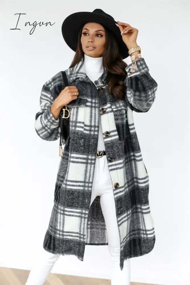 Ingvn - Women Plaid Printed Warm Jacket Autumn Winter New Fashion Casual Long Overcoat Pop Lapel Lady Single Breasted Shirt Coats