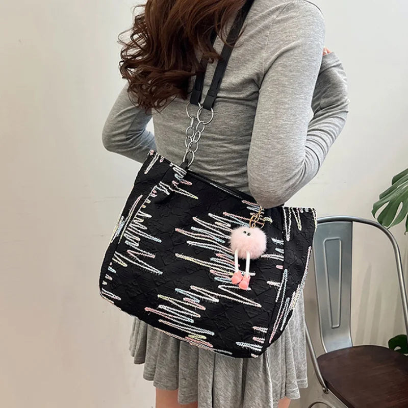 Ingvn  Fashion Forest Style Shoulder Bag Female Embroidery Retro Style Versatile Commuting Leisure Bag Large Capacity Canvas Tote Bag