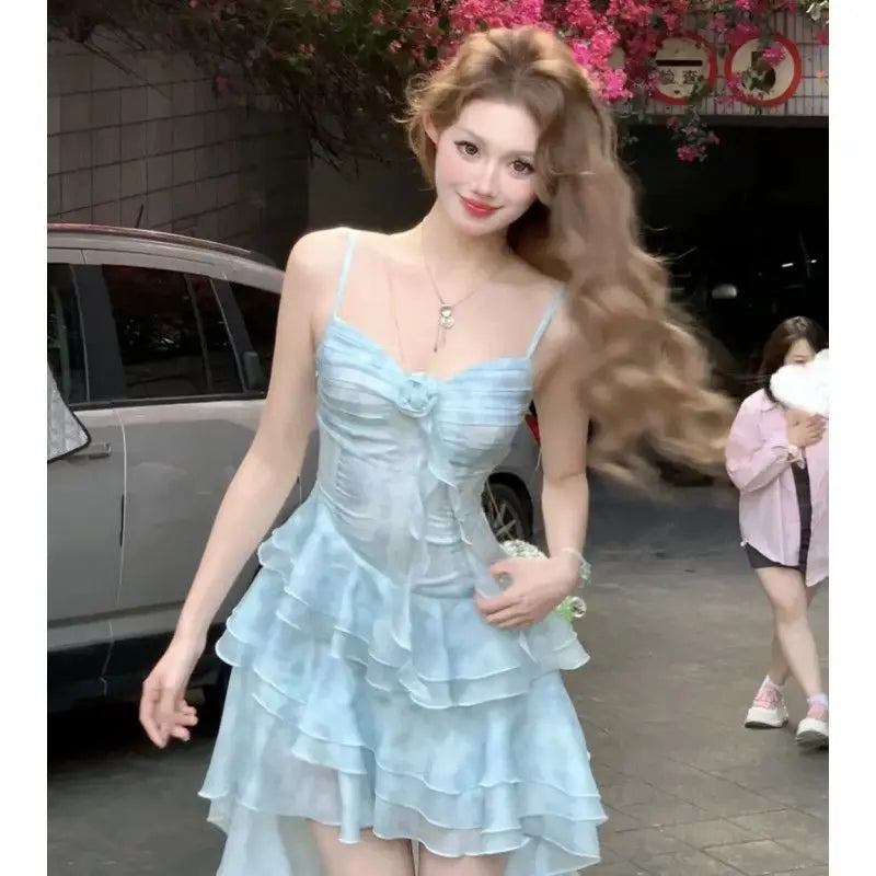 Summer Sweet Chic Sleeveless Dress Women Y2k Vintage Off Shoulder Solid Mini Dresses Female Korean Retro One Piece Dress