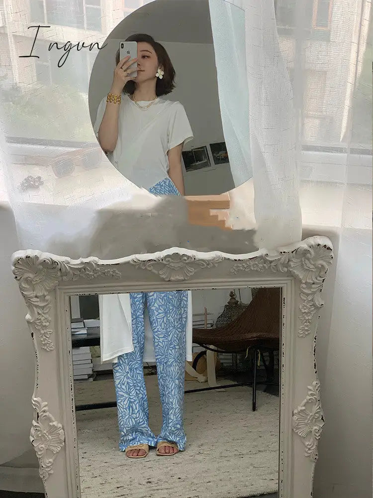 Ingvn - autumn new show cold dark white blue floral penal legs pants tattoo flower female