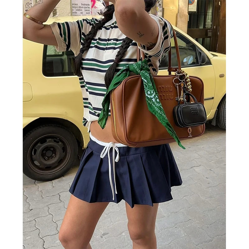 Women American Retro Contrasting Striped T Shirt Women Polo Collar Short Sleeve Preppy Vintage Tees Y2K Tops