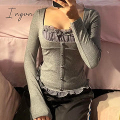 Ingvn - Harajuku Patchwork Crop Tops Y2K Aesthetic Long Sleeve T-Shirt Women Casual Square collar Tee Shirts Vintage Grunge New
