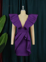 Ingvn - Deep V Neck Dresses Cape Sleeve High Waist Sexy Bodycon Ruffles Ladies Cocktail Club Party Event Outfits for Women Summer 4XL