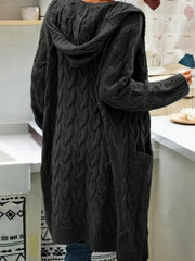 Solid Open Front Cable Knit Hooded Cardigan, Casual Long Sleeve Mid Length Sweater With Pocket, Women's Clothing