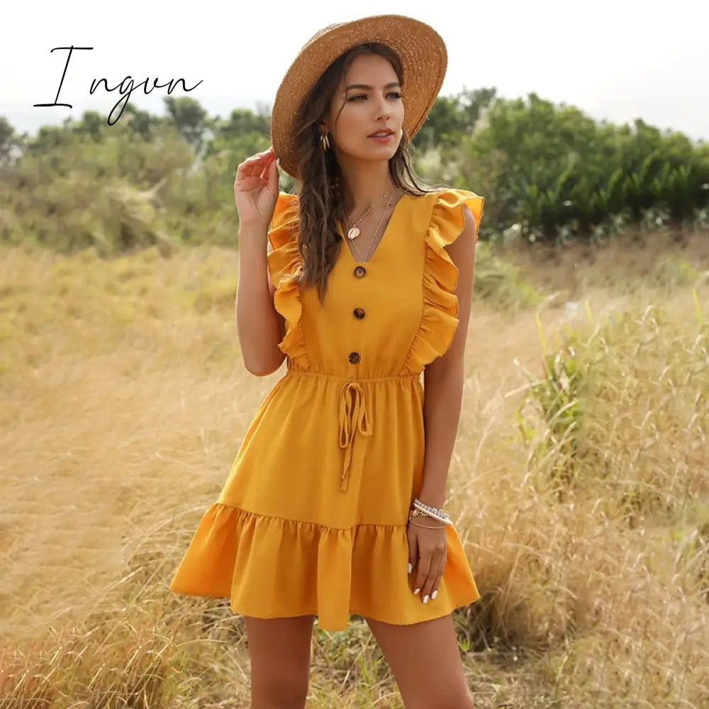 Ingvn - Women Summer Dress Casual Boho Beach Ruffles Mini Dress Party Sexy V-Neck High Waist Female Dresses