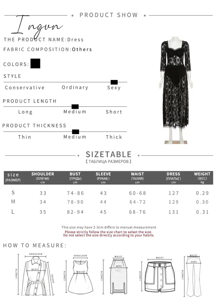Ingvn - Hot Sale Boho Korean New Mature Woman Sexy Square Collar Lace Mesh Transparent High Waist Split Goddess Full Sleeve Long Dress Dresses 8P