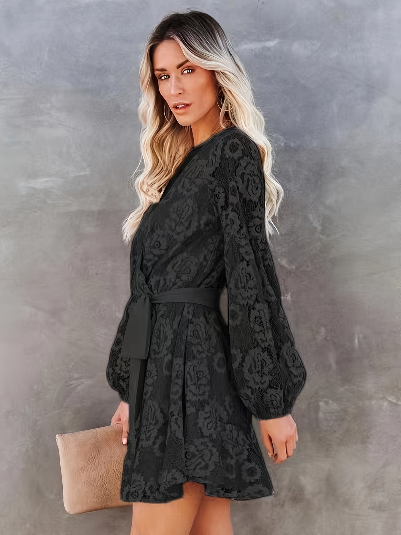 Guipure Lace Surplice Neck Dress, Elegant Lantern Sleeve Tie Waist Dress For Spring & Fall, Women's Clothing