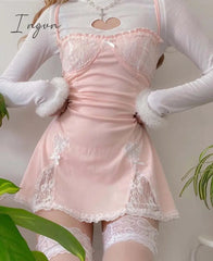 Ingvn - Lace Patchwork Dress Pink Sleeveless Kawaii Sundress Sweet Japanese Style Aesthetic Outfit Y2K Beach Outfit Sexy Hot