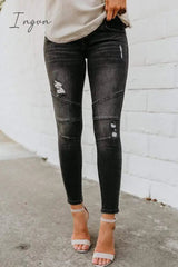 Ingvn - Regular Waist Solid Color Skinny Fit Hole Jeans