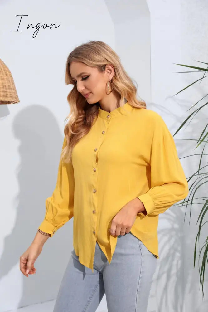 Ingvn - Mock Neck Buttoned Long Sleeve Shirt