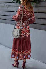 Ingvn - Floral Print Decorative Buttons V-Neck Flounce Sleeve Midi Dress