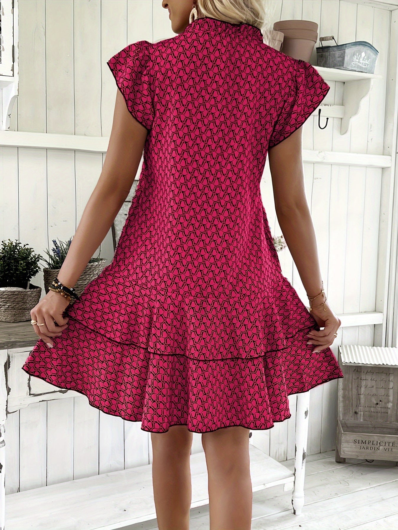 Elegant Ruffled Tie Neck Dress - Women's Spring & Summer Layered Dresses with Allover Print - Perfect for Elegant Dressing Occasions