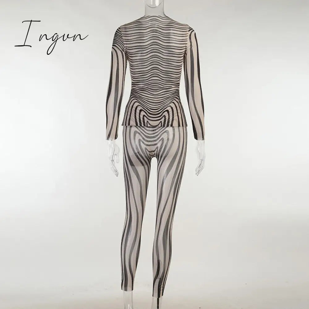 Ingvn - Autumn Mesh Zebra Striped Sets Women 2 Piece Suit T-shirt + Long Pants See-through Sexy Co-ord Set Female Tracksuit Costume