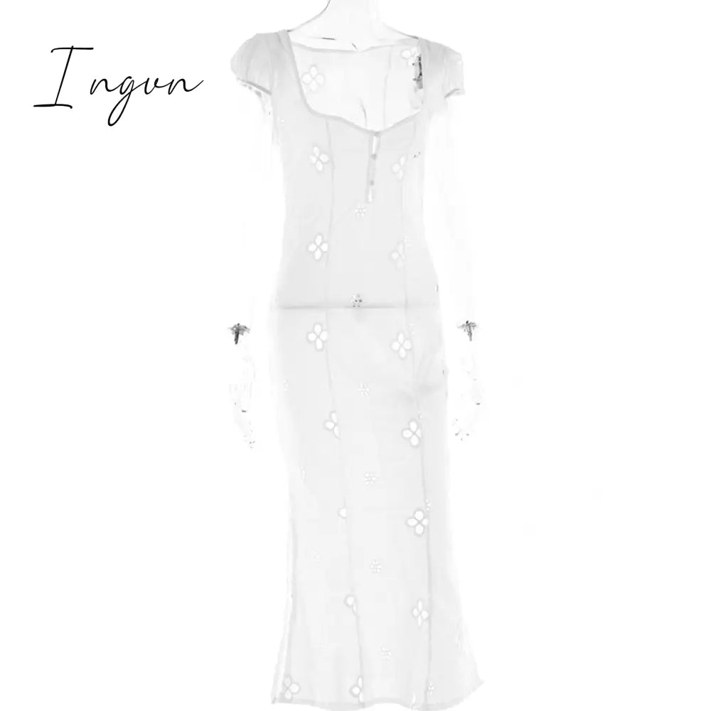Ingvn - Square Collar Black Mini Dresses 2023 Summer Sexy High Waist Short Sleeve Beachwear Bodycon Hollow Out Sundress Female Ingvn