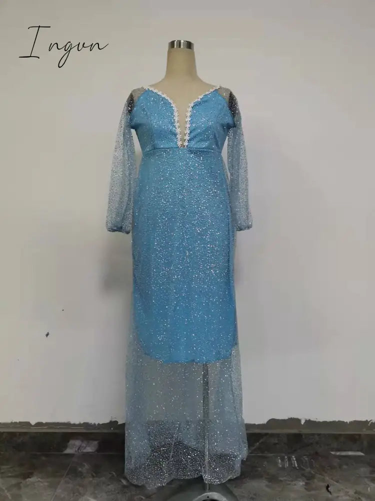 Ingvn - Women Long Dresses Summer Luxury Sexy Bodycon Party Classy Elegant Chic Wedding Elegant Dinner Club Night Blue Sequins Lace