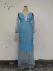Ingvn - Women Long Dresses Summer Luxury Sexy Bodycon Party Classy Elegant Chic Wedding Elegant Dinner Club Night Blue Sequins Lace