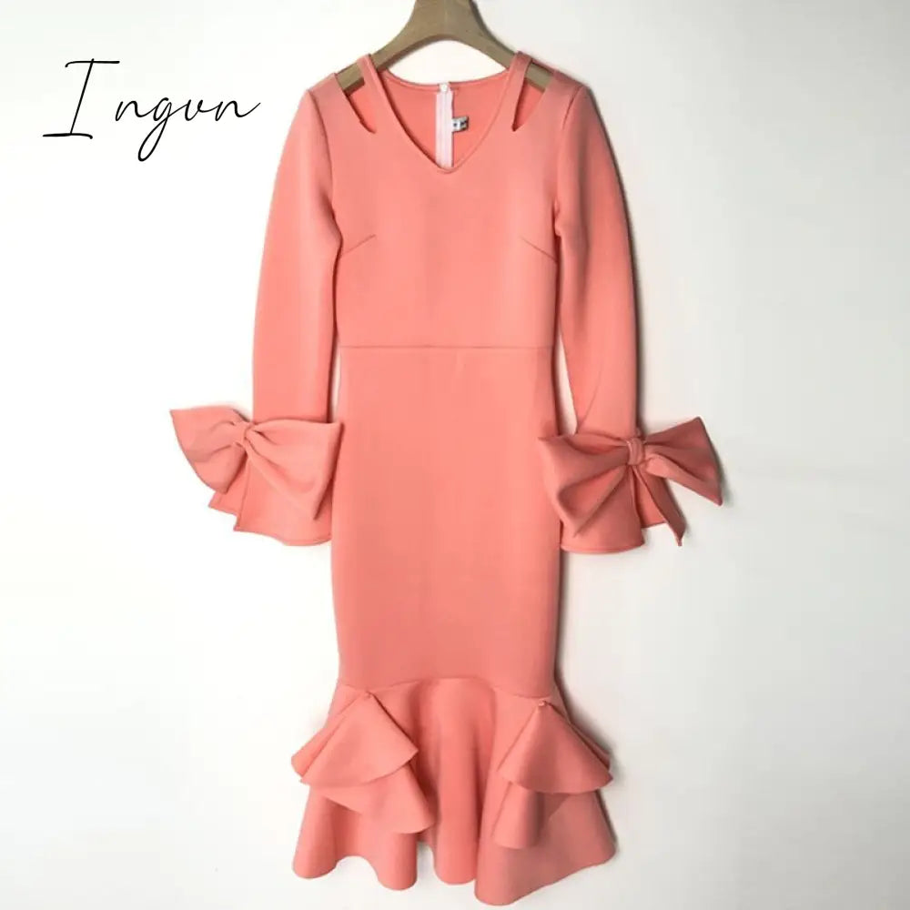Ingvn - African Fashion Women Dresses Office Style High Waist A Line Yellow Mid Calf Elegant Business Work Wear Clothes Dress Midi New