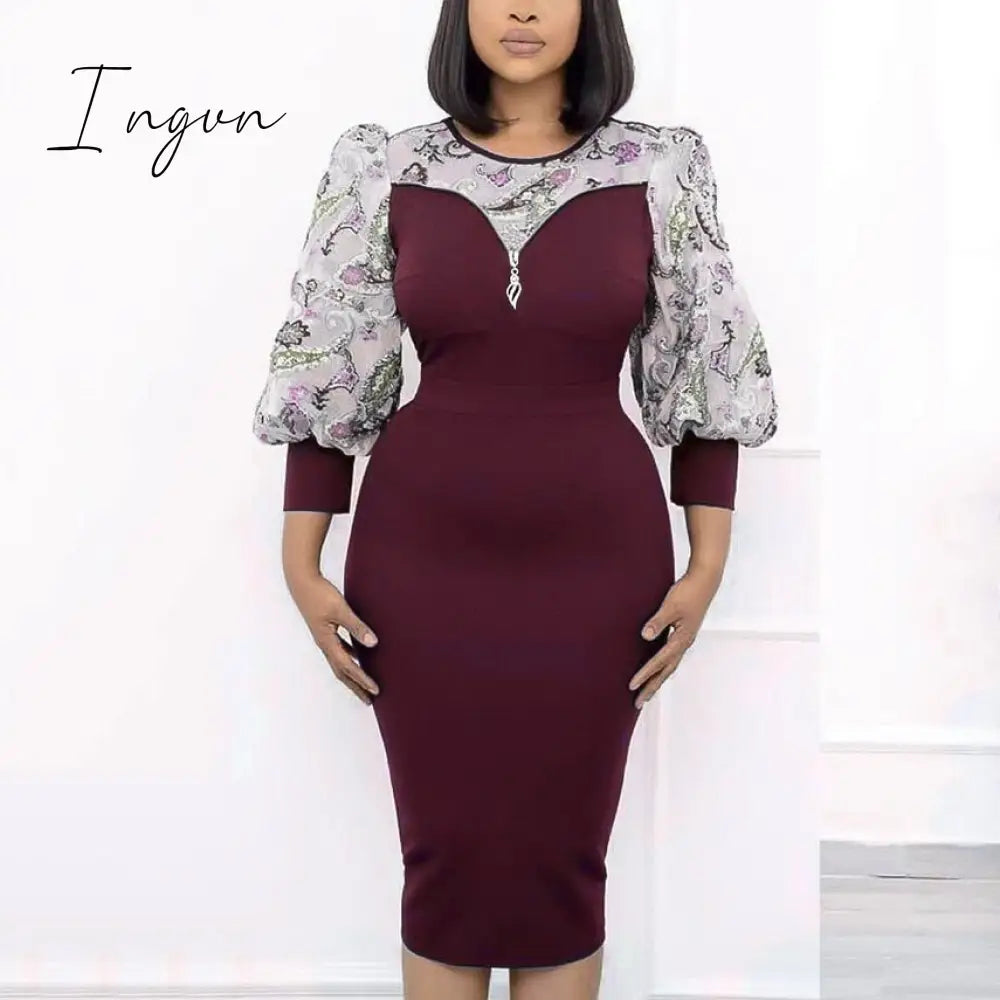 Ingvn - African Fashion Women Dresses Office Style Dot Patchwork Bow High Waist Bodycon Mid Calf Elegant Business Work Wear Vestidos New