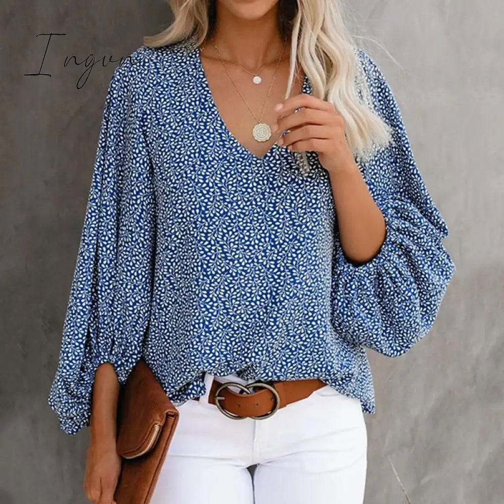 Ingvn - Summer Outfits Female Streetwear Oversized XXXL Tops Blusa Summer V Neck Long Lantern Sleeve Blouse Casual Women Printing Loose Elegant Shirts