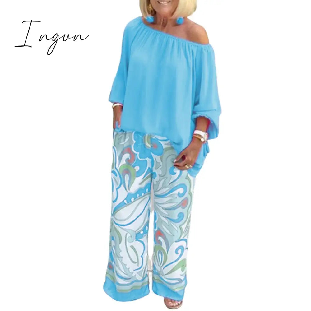 Ingvn - Pants Sets Fashion One Shoulder 3/4 Sleeve Tops Floral Print Wide Leg Trouser Women Two Piece Sets Casual Loose Suit
