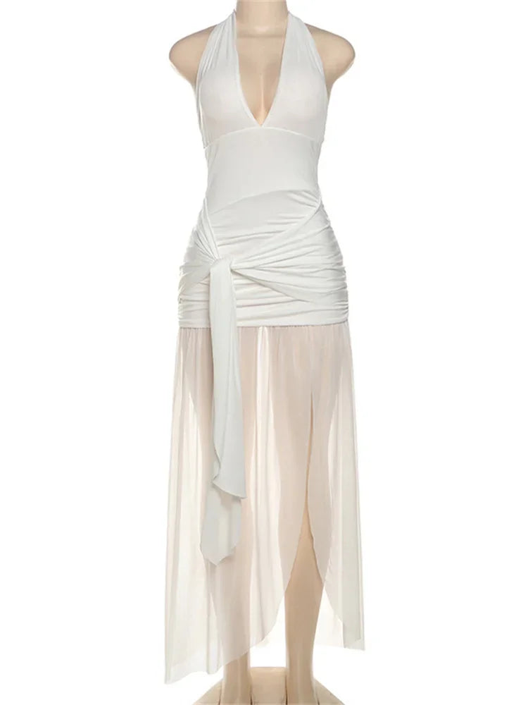 V-Neck Backless Lace-Up Long Dress Women's Ruffled Patchwork Sexy Bandage High Waist Solid Dress Ladies Autumn Maxi Dress