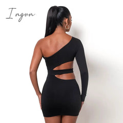 Ingvn - Double Layer Autumn Women Bodycon Dress Party Dress New Arrivals  White One Shoulder Cut Out Dress Evening Club Dress