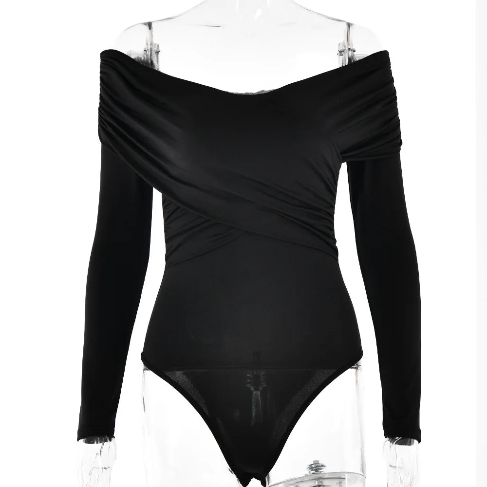Ingvn  Sexy V-neck Long Sleeve Bodysuits Fashion Autumn Off Shoulder One Piece T-shirts Streetwear Female Folds Pink Tops Jumpsuit