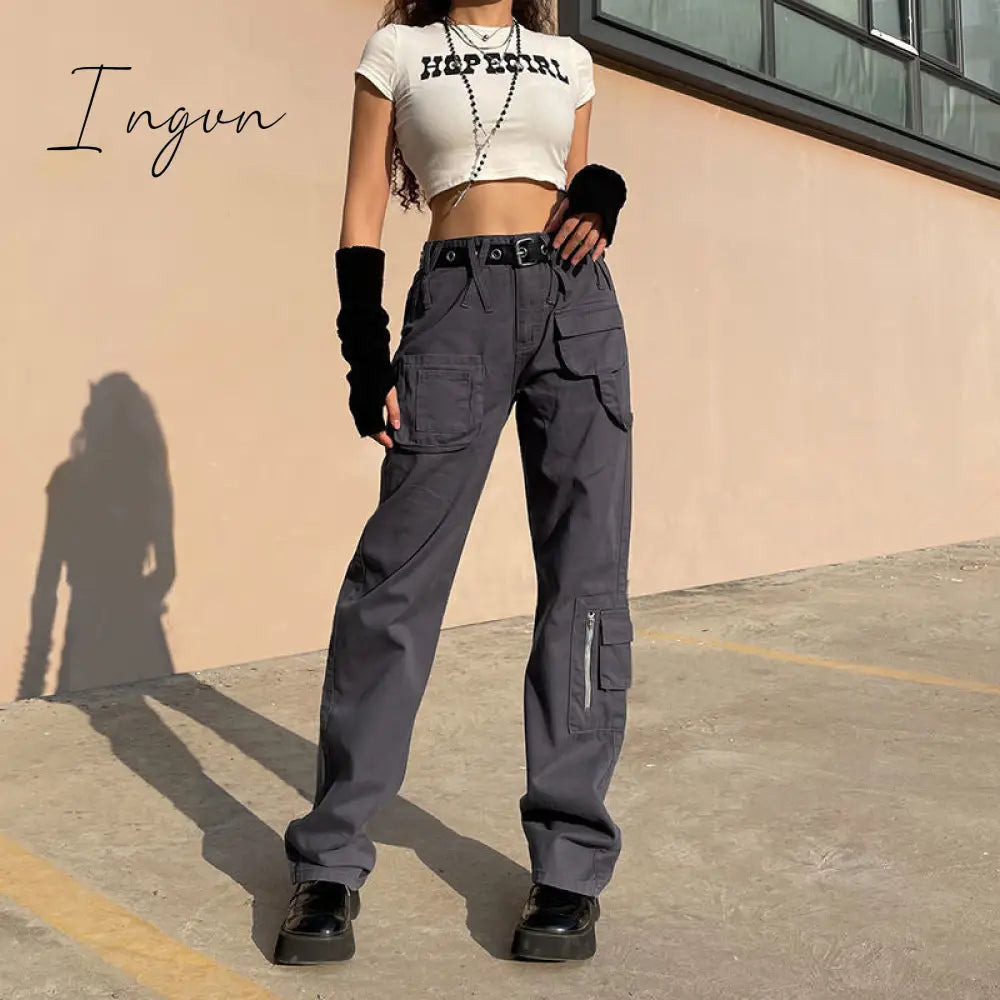 Ingvn - Vintage Streetwear Cargo Pants Women Harajuku Street Loose Straight Women Jeans Casual Slim Versatile High Waisted Jeans Pants